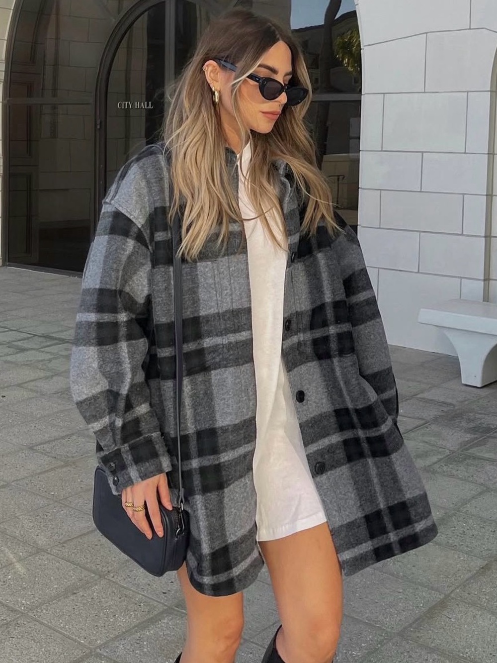 H&M Felted Shirt Jacket Gray Blue Plaid Oversized Shacket Size S